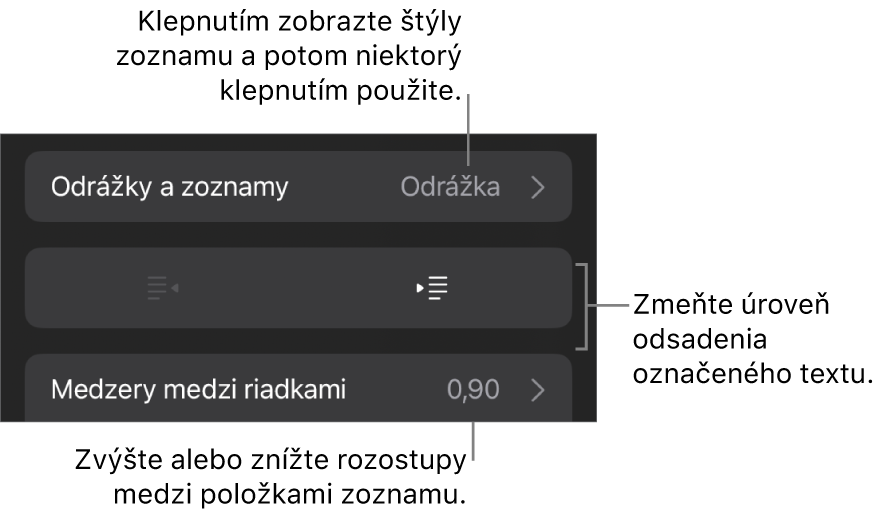 Sekcia Odrážky a zoznamy ovládacích prvkov Formát s bublinami popisujúcimi položku Odrážky a zoznamy, tlačidlami odsadenia a ovládacími prvkami na nastavenie medzery medzi riadkami.