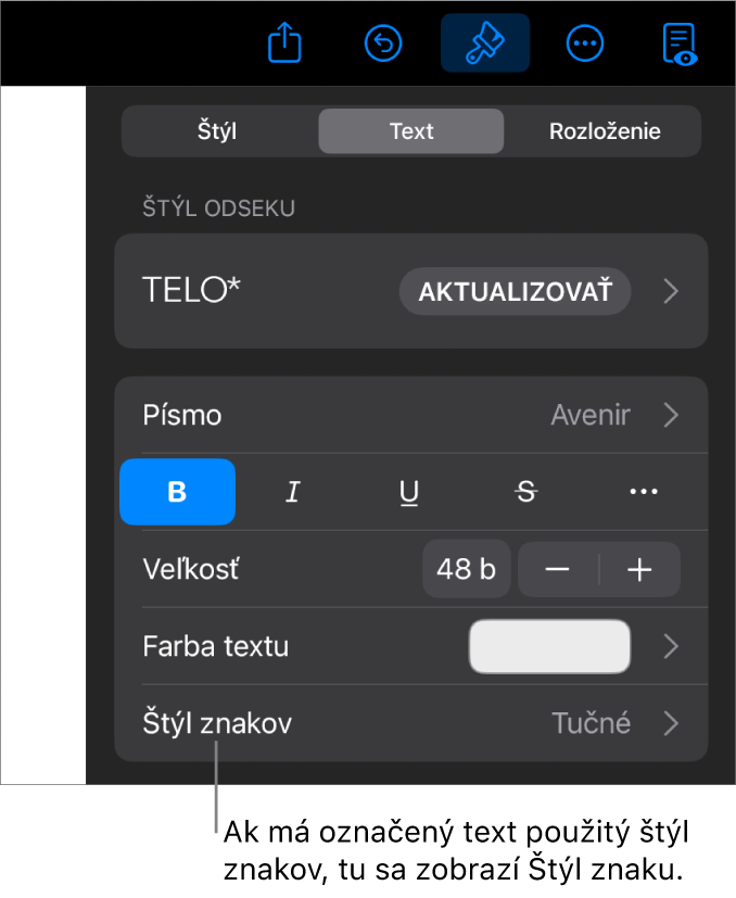 Ovládacie prvky Text s položkou Štýl znakov pod ovládacími prvkami Farba. Štýl znakov Žiadne sa zobrazuje s hviezdičkou.