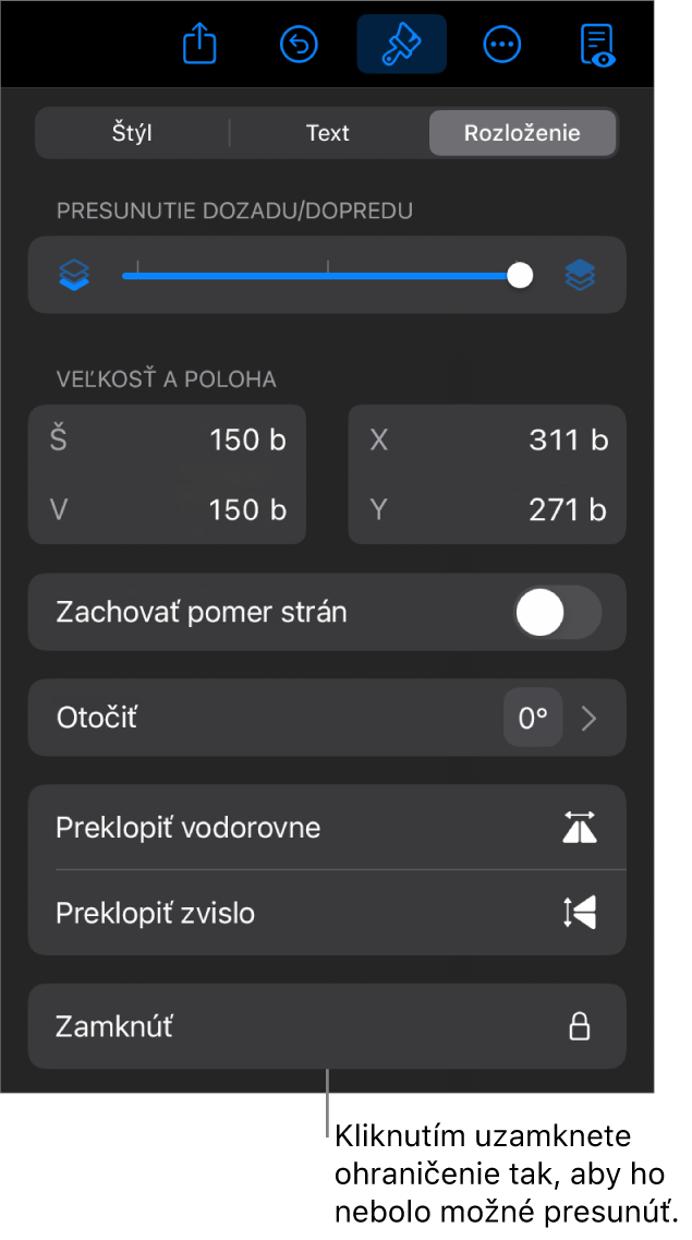 Ovládacie prvky Rozloženie v menu Formát so zvýrazneným tlačidlom Zamknúť.