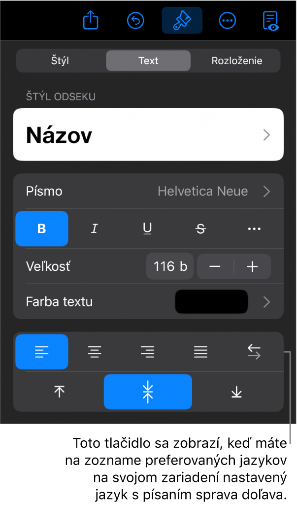 Ovládacie prvky textu v menu Formát s bublinou pre tlačidlo Zľava doprava.
