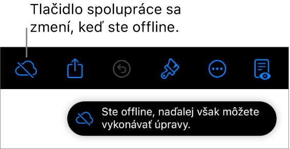 Tlačidlá v hornej časti obrazovky s tlačidlom Spolupráca zmeneným na obláčik s diagonálnou čiarou. Upozornenie na obrazovke s oznámením Ste offline, ale naďalej môžete upravovať.