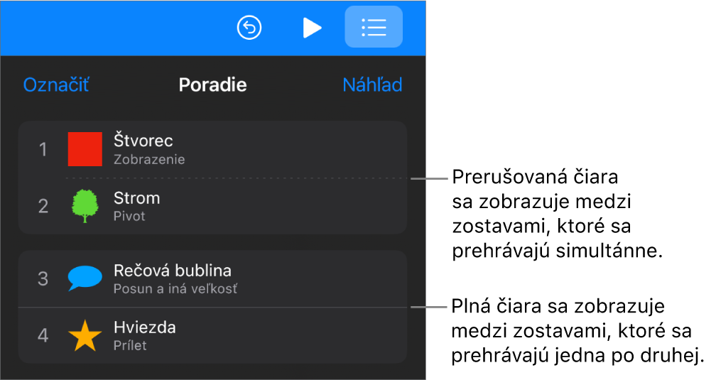 Menu Poradie s prerušovanou čiarou medzi zostavami, ktoré sa prehrávajú simultánne, a neprerušovanou čiarou medzi zostavami, ktoré sa prehrávajú jedna po druhej.
