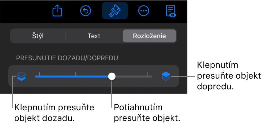 Tlačidlo Presunúť dozadu, tlačidlo Presunúť dopredu a posuvník vrstiev.