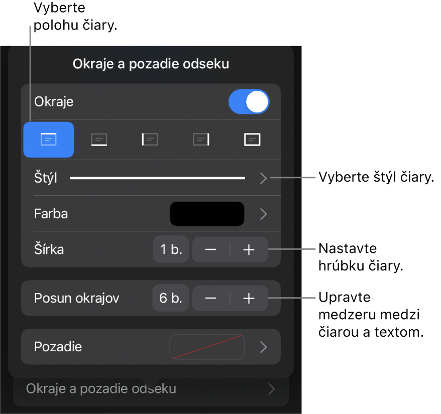 Ovládacie prvky na zmenu štýlu, hrúbky, polohy a farby čiary.