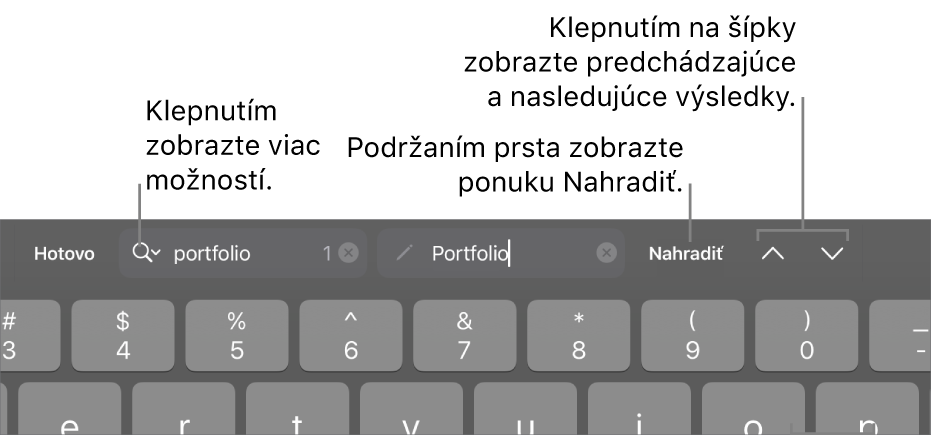 Ovládacie prvky Nájsť a nahradiť nad klávesnicou s popismi tlačidiel Možnosti vyhľadávania, Nahradiť, Ísť nahor a Ísť nadol.