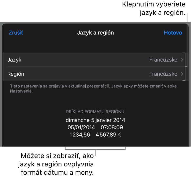 Panel Jazyk a región s ovládacími prvkami pre jazyk a región a príklad formátu dátumu, času, desatinného znaku a meny.
