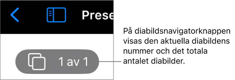 Knappen för diabildsnavigatorn visar det aktuella diabildsnumret och det totala antalet diabilder i presentationen.