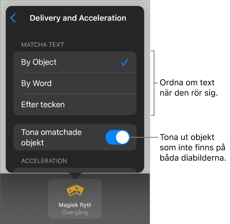 Leverans- och accelerationsalternativ för Magisk flytt i panelen Acceleration.