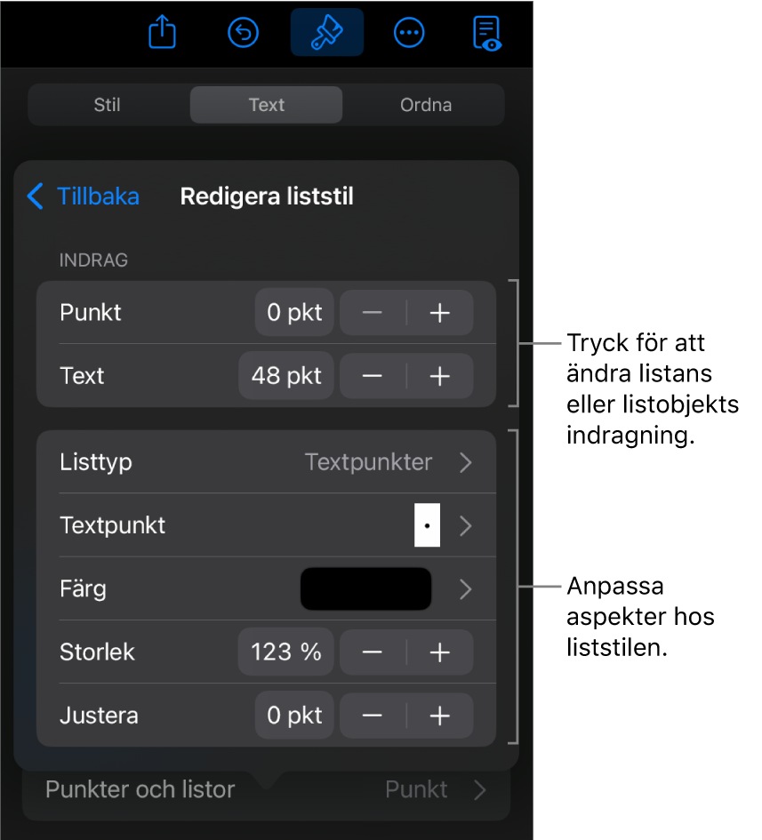 Menyn Redigera liststil med reglage för att redigera listans typ och utseende.