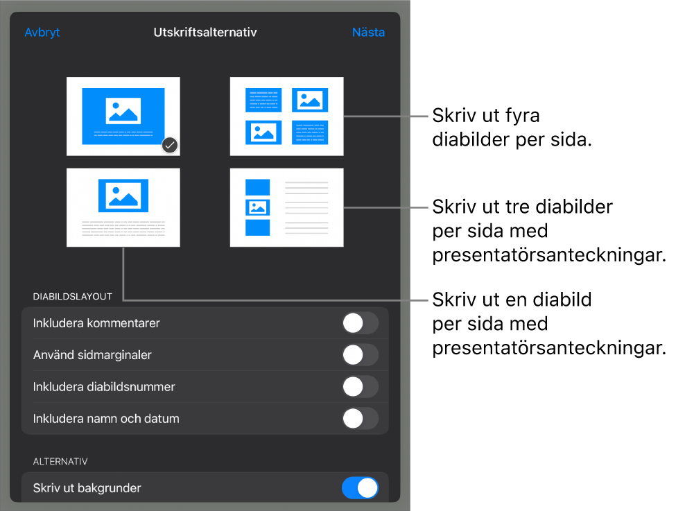 Layoutalternativ för utskrift.