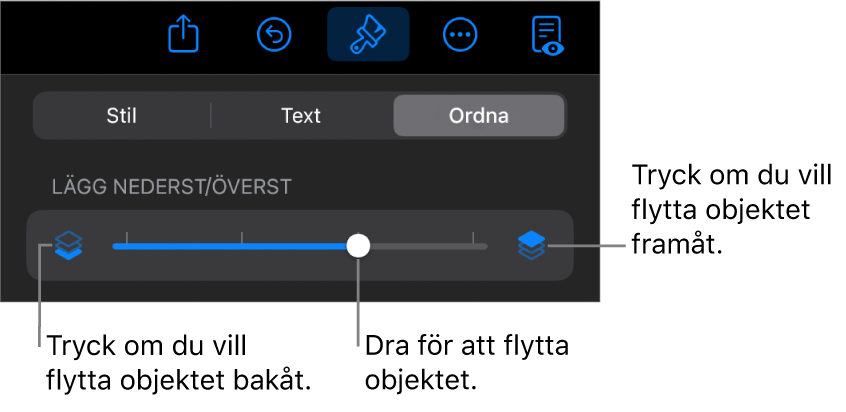 Knappen för att flytta bakåt, knappen för att flytta framåt och lagerreglaget.