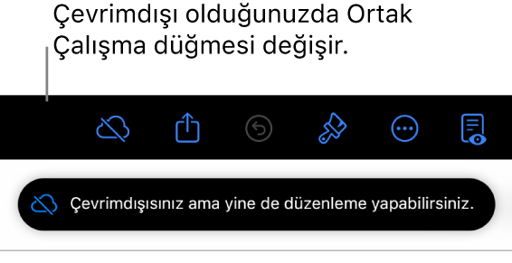 Ekranın en üstündeki düğmeler; Ortak Çalışma düğmesi, üzerinde çapraz bir çizgi olan bir buluta değişmiş. Ekrandaki bir uyarı “Çevrimdışısınız ama yine de düzenleyebilirsiniz” der.