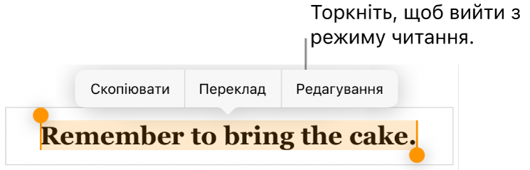 Вибрано речення, зверху є контекстне меню з кнопками «Скопіювати» й «Редагувати».