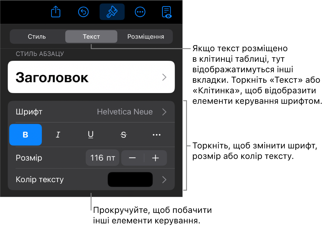 Елементи керування текстом у меню «Формат» для настроювання стилів абзацу й символів, шрифту, розміру та кольору.
