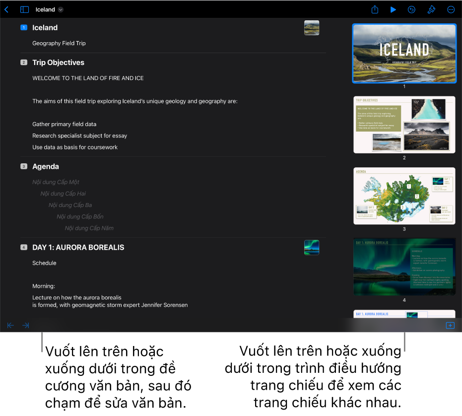 Chế độ xem đề cương với đề cương văn bản ở bên trái màn hình và trình điều hướng trang chiếu dọc ở bên phải.