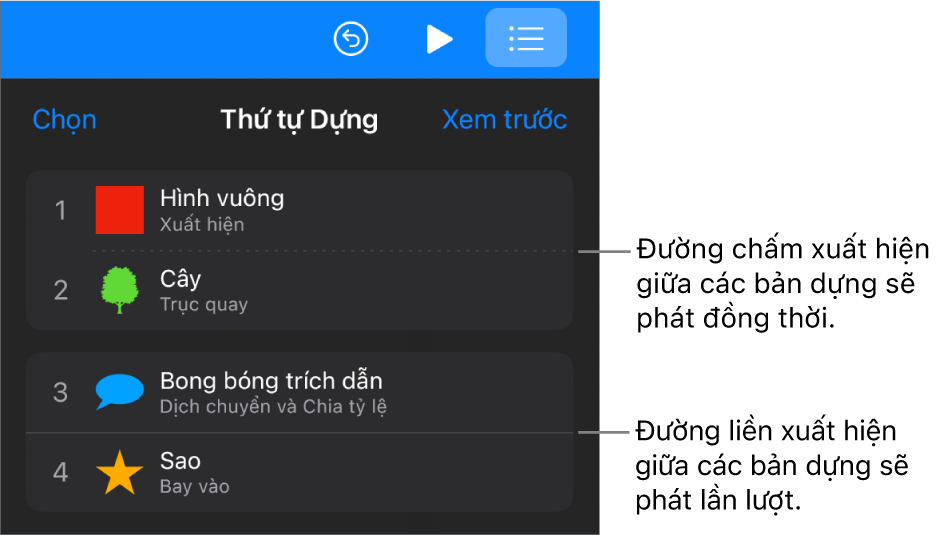 Menu Thứ tự dựng, với đường nét chấm đang xuất hiện giữa các bản dựng phát đồng thời và đường nét liền giữa các bản dựng sẽ phát lần lượt.