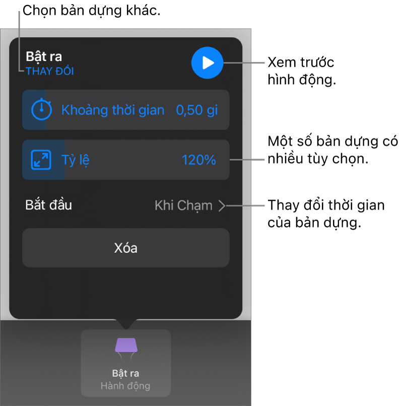Các tùy chọn bản dựng bao gồm Thời lượng và Định thời gian bắt đầu. Chạm vào Thay đổi để chọn bản dựng khác hoặc chạm vào Xem trước để xem trước bản dựng.