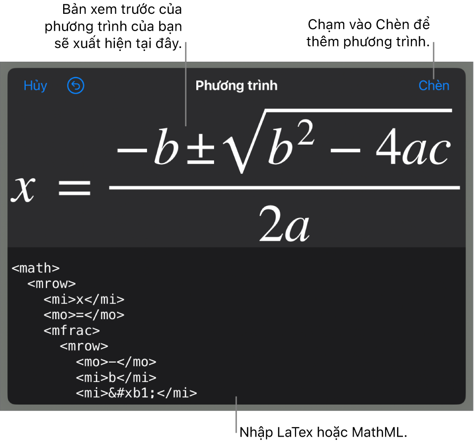 Hộp thoại Phương trình, đang hiển thị phương trình được viết bằng các lệnh MathML và bản xem trước của công thức ở bên trên.