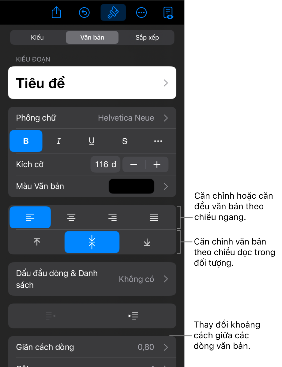 Khung Bố cục với các lời nhắc đến các nút căn chỉnh văn bản và giãn cách.