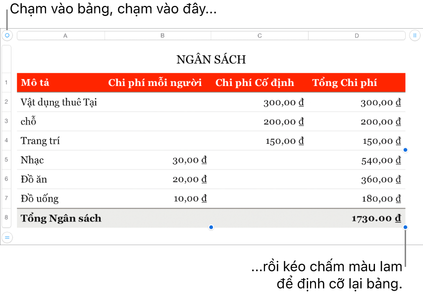 Một bảng được chọn có các dấu chấm màu lam để định cỡ lại.