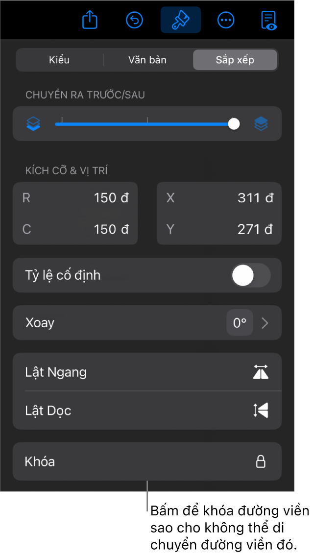 Các điều khiển Sắp xếp trong menu Định dạng với nút Khóa được gọi ra.
