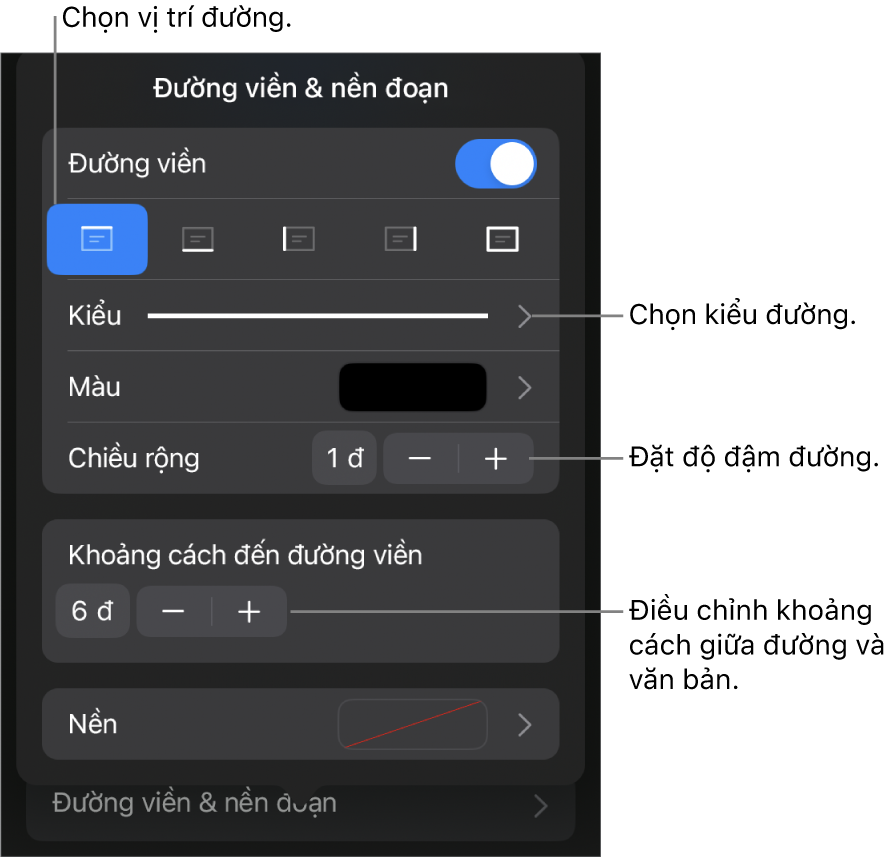 Các điều khiển để thay đổi kiểu đường, độ đậm, vị trí và màu.