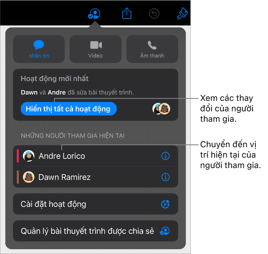 Menu cộng tác có những người tham gia hiện tại được liệt kê.