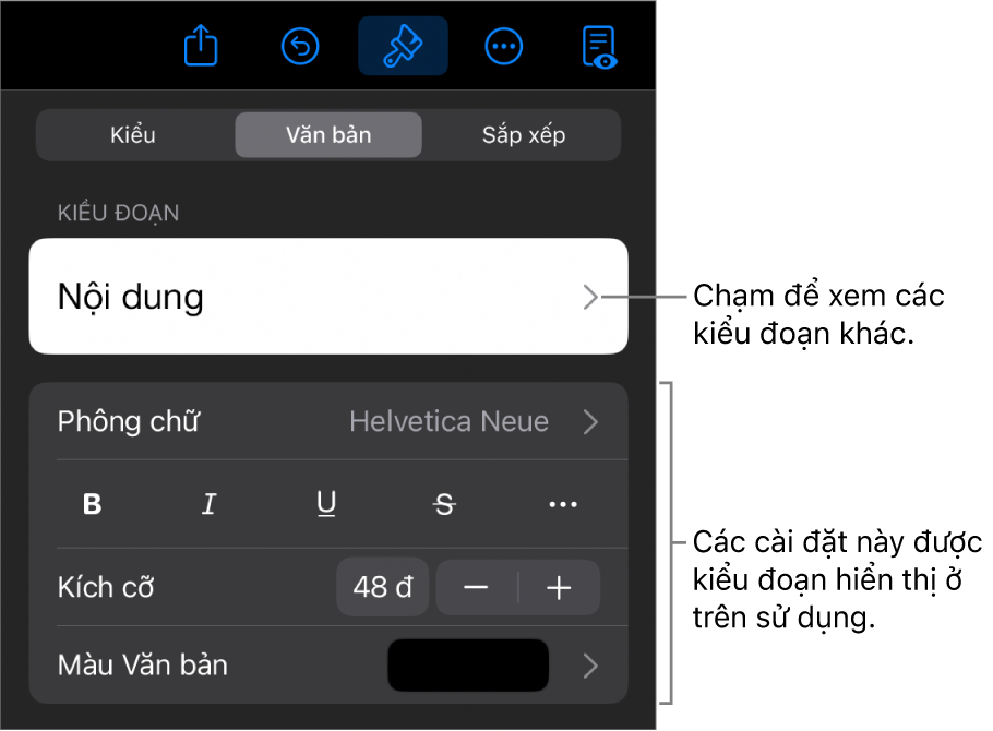 Menu Định dạng đang hiển thị các điều khiển văn bản để đặt kiểu, phông chữ, kích cỡ và màu của đoạn và ký tự.