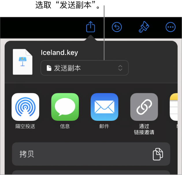 顶部已选中“发送副本”的“共享”菜单。