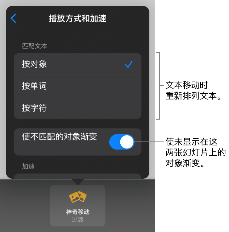 “加速”面板中“神奇移动”的播放方式和加速选项。