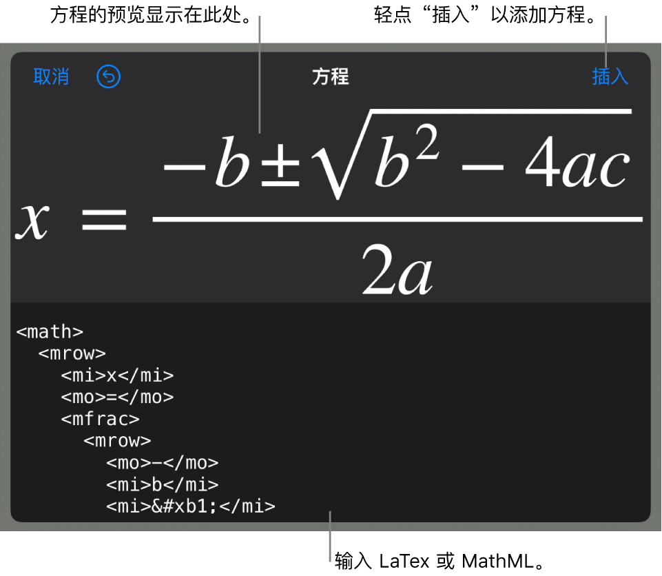 “方程”对话框，显示使用 MathML 命令所写的方程，以及上方公式的预览。