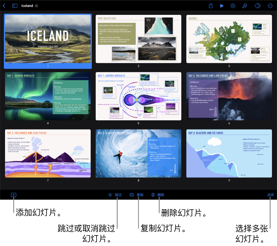 看片台视图，屏幕底部的按钮用于添加、跳过、复制和删除幻灯片以及选择多张幻灯片。