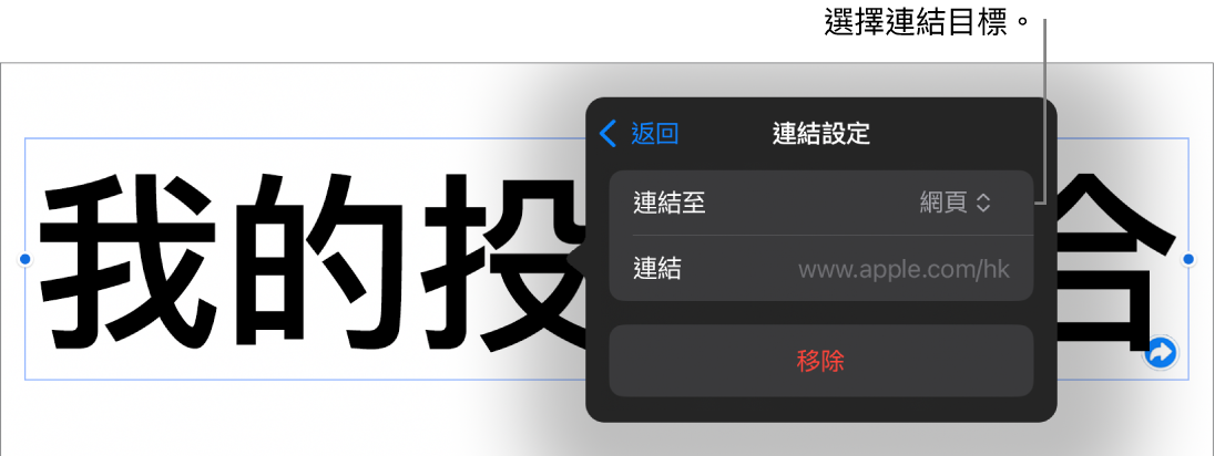 「連結設定」控制項目，其中已選取「網頁」，而「移除」按鈕則位於底部。