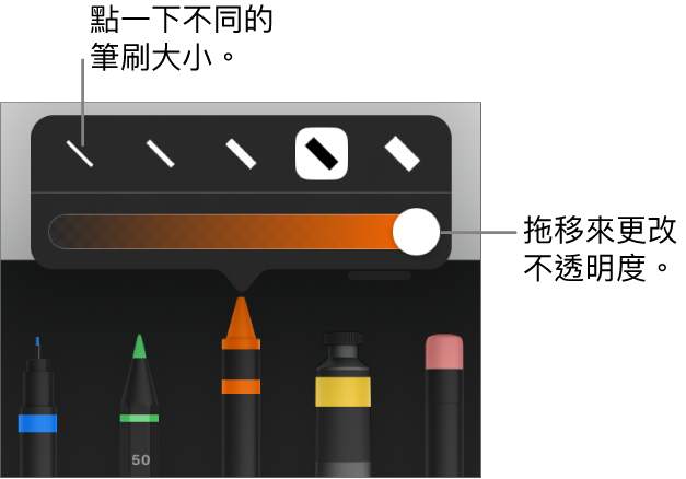 用於選擇筆劃粗幼的控制項目，以及用於調整不透明度的滑桿。