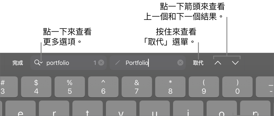 鍵盤上方的「尋找與取代」控制項目，帶有說明文字指向「搜尋選項」、「取代」、「往上」和「往下」按鈕。