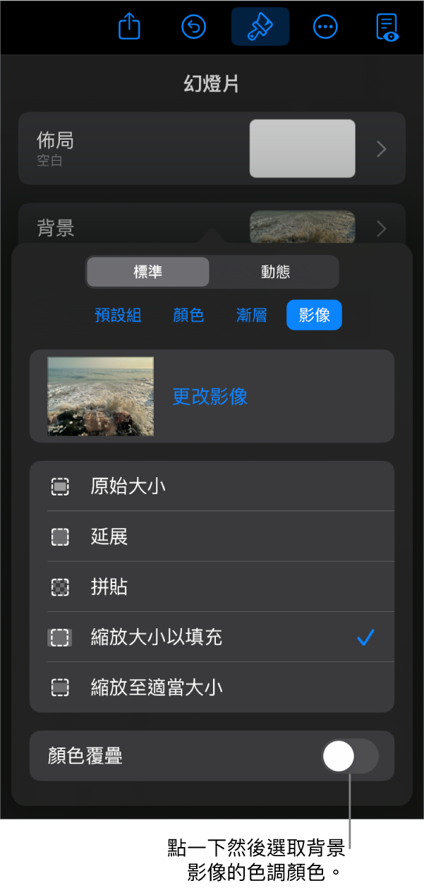 「背景」控制項目底部為設為幻燈片背景的影像和「顏色覆疊」控制項目。