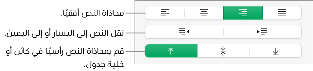 قسم المحاذاة في الشريط الجانبي التنسيق مع وسائل شرح لأزرار محاذاة النص.