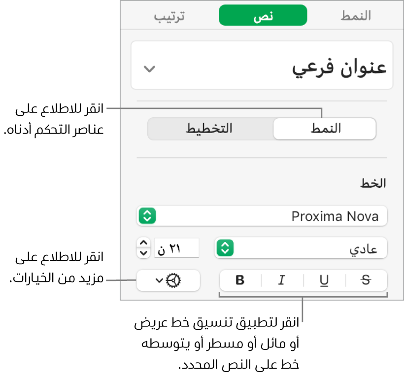 عناصر التحكم في النمط بالشريط الجانبي مع وسائل شرح للأزرار غامق ومائل وتسطير ويتوسطه خط.