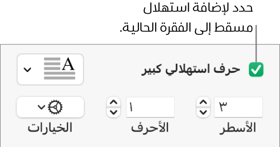 خانة اختيار الحرف الاستهلالي الكبير محددة، وتظهر قائمة منبثقة على يسارها؛ تظهر عناصر التحكم لإعداد ارتفاع السطر وعدد الأحرف والخيارات الأخرى أسفلها.