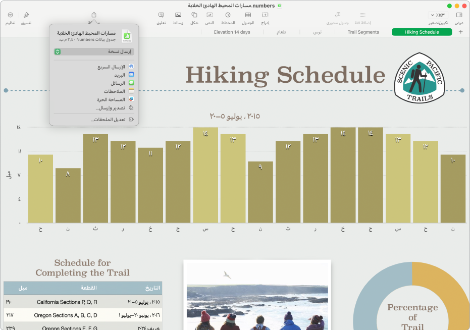 نافذة Numbers تعرض القائمة مشاركة مع خيارات إرسال نسخة من جدول البيانات أو التصدير والإرسال بتنسيق آخر.