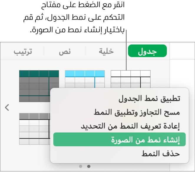 قائمة اختصارات نمط الجدول.