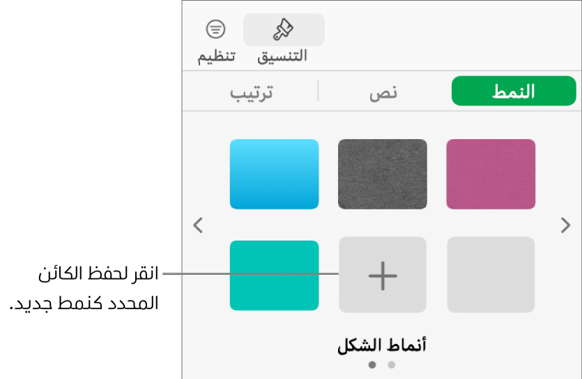 علامة تبويب النمط في الشريط الجانبي "التنسيق" وبه أربعة أنماط صور وزر إنشاء نمط وعنصر نائب للنمط فارغ.