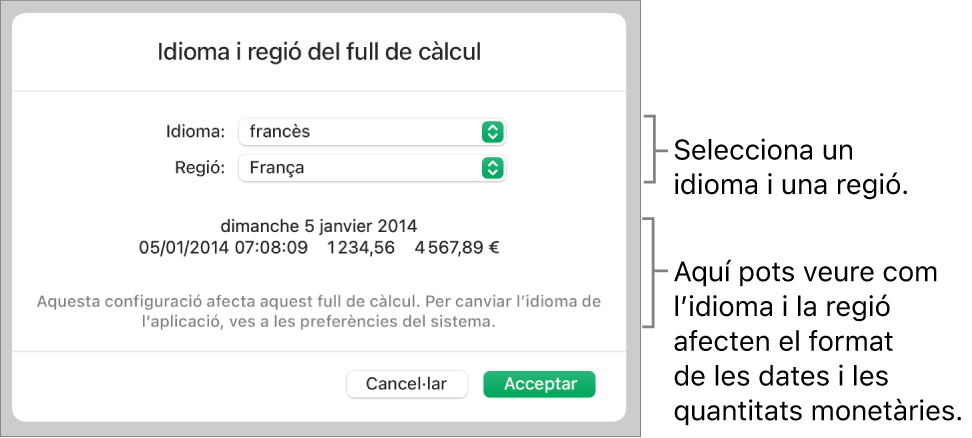 La configuració d’idioma i regió, amb controls per configurar l’idioma i la regió i un exemple de format que inclou la data, l’hora, els decimals i la moneda.