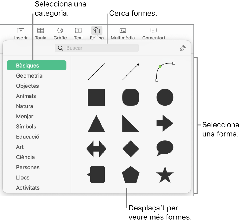 La biblioteca de formes, amb categories a l’esquerra i les formes a la dreta. Pots utilitzar el camp de cerca situat a la part superior per trobar formes i desplaçar‑te per veure’n més.