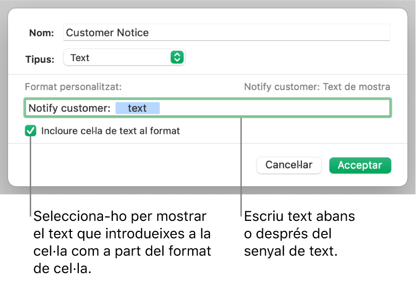 Format personalitzat de cel·la de text.