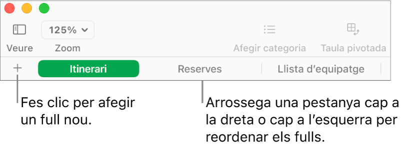 Barra de pestanyes per afegir un nou full de treball i reordenar els fulls.