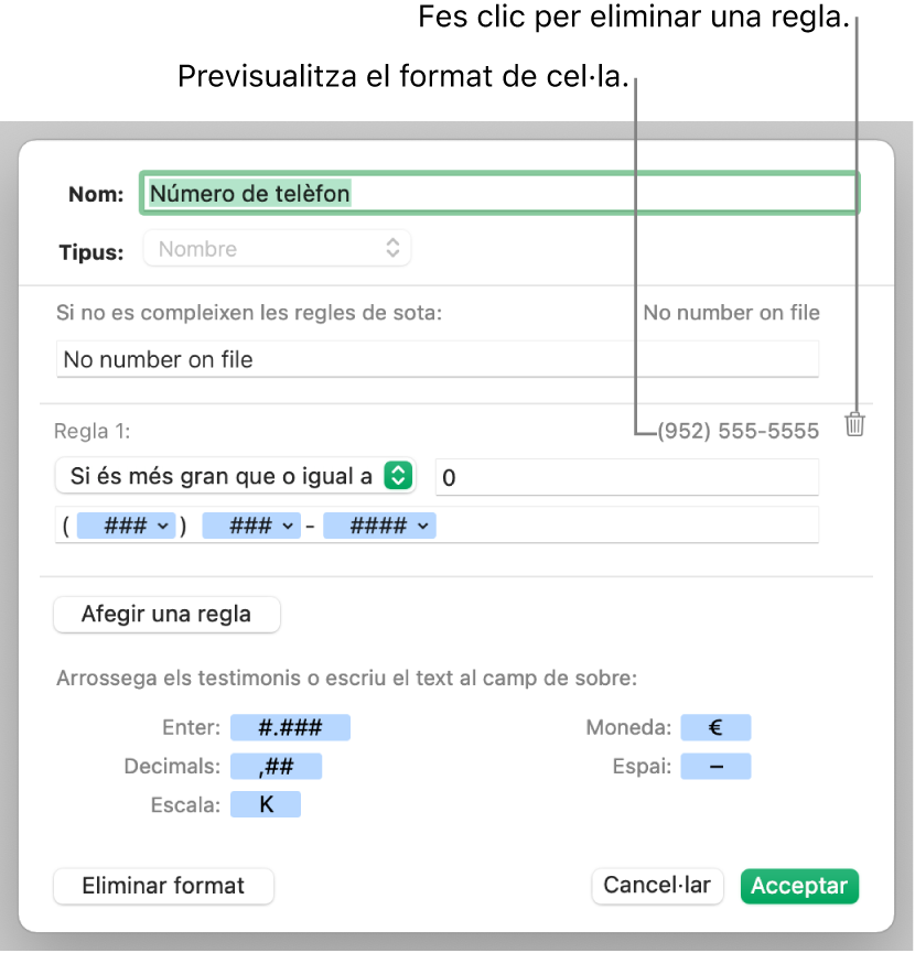 Format personalitzat de cel·la numèrica amb regles.