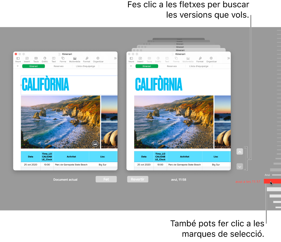 La finestra “Reverteix”, que mostra les versions que pots explorar.
