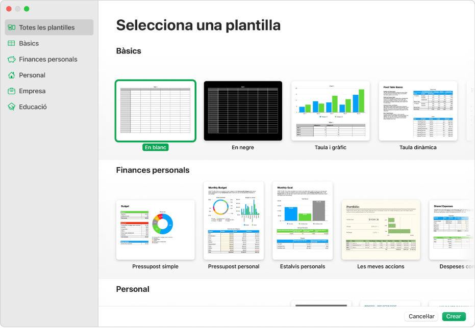 El selector de plantilles. Barra lateral a l’esquerra que mostra la llista de categories de plantilles que pots clicar per filtrar opcions. A la dreta hi ha miniatures de plantilles predissenyades ordenades en files per categoria.