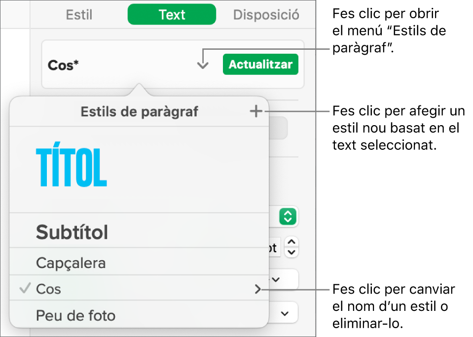 El menú “Estils de paràgraf” amb els controls per afegir o canviar un estil.